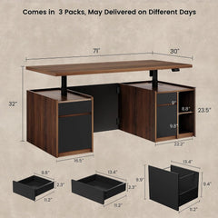 Dimensioned diagram of a dark wood desk with a raised top, two pedestal cabinets, open shelving, and three separate drawer views with measurements.