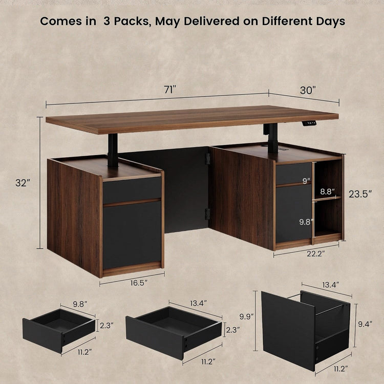 Dimensioned diagram of a dark wood desk with a raised top, two pedestal cabinets, open shelving, and three separate drawer views with measurements.
