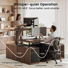 A woman stands at a raised desk beside a man seated at a lower desk, both with monitors, with overlaid height arrows and a curved noise-comparison graphic.