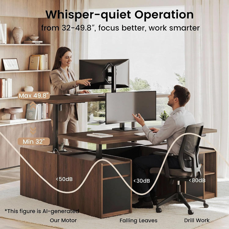 A woman stands at a raised desk beside a man seated at a lower desk, both with monitors, with overlaid height arrows and a curved noise-comparison graphic.