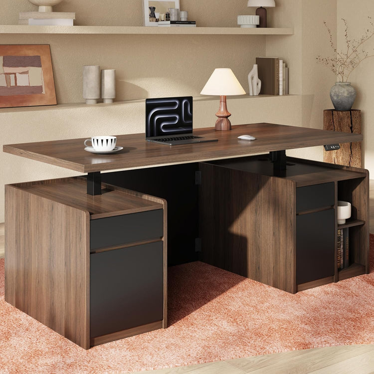 Brown wood-grain desk with a raised desktop, dark-fronted storage units and open side shelves, holding a laptop, lamp, mouse, and cup with saucer.