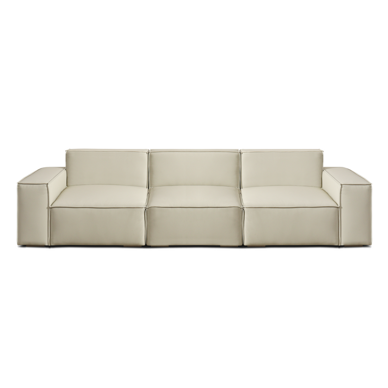 Front view of a light-colored three-seat sofa with wide box arms.
