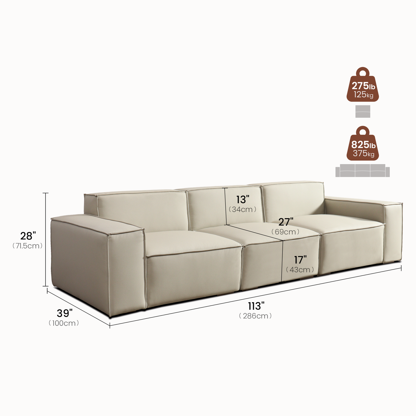 [Pre-sale] 118" Scratch-Resistant Vegan Leather Sofa - Deep Seating & Metal Legs