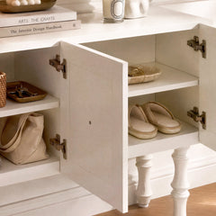 Two open doors reveal multiple interior shelves and visible hinges