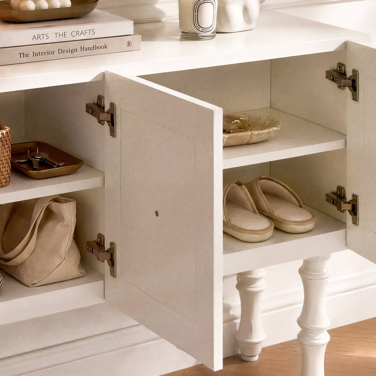 Two open doors reveal multiple interior shelves and visible hinges