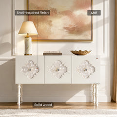Graphic labels the white three-door cabinet with Shell–Inspired Finish, Mdf, and Solid wood callouts
