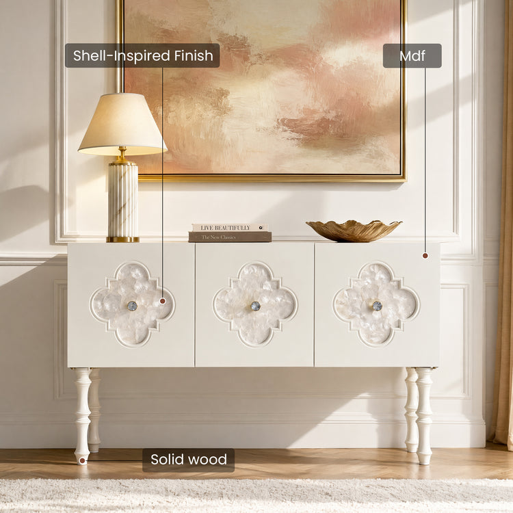 Graphic labels the white three-door cabinet with Shell–Inspired Finish, Mdf, and Solid wood callouts