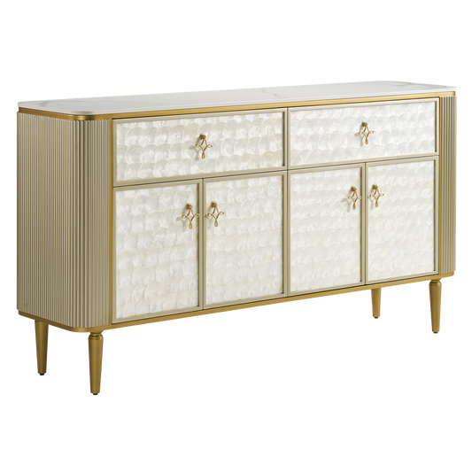 Gold-framed sideboard with white shell-pattern fronts, ornate pulls, fluted sides, and tapered legs