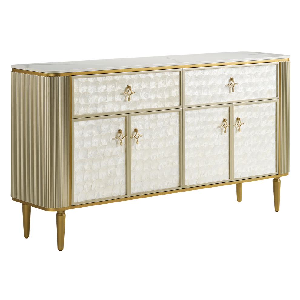Gold-framed sideboard with white shell-pattern fronts, ornate pulls, fluted sides, and tapered legs
