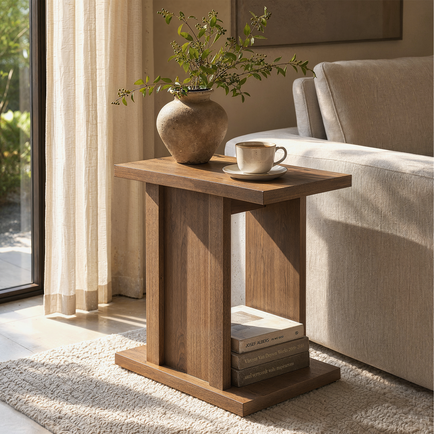 Side Table, 23.6" Modern End Table with Fluted Panel and Thick Tabletop, Accent Nightstand in Walnut