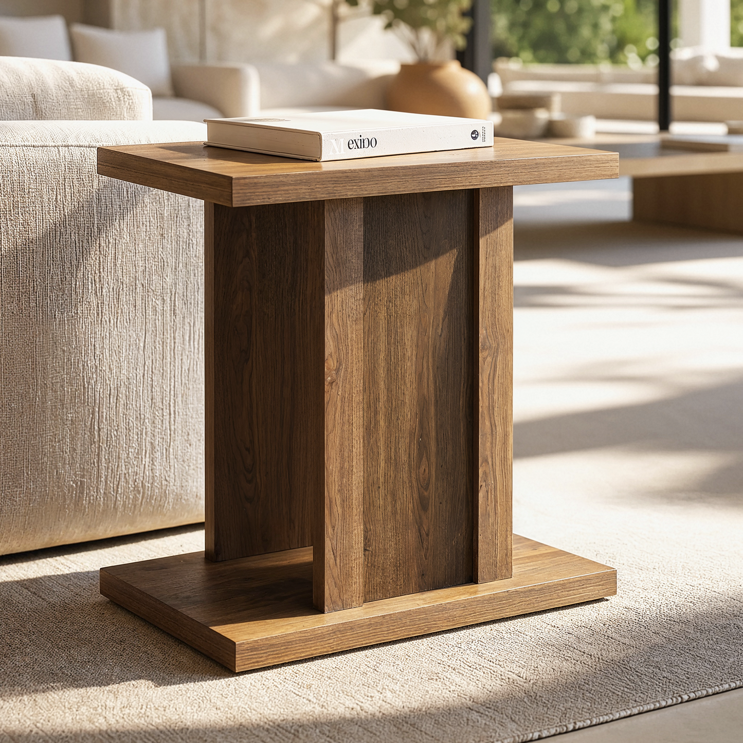 Side Table, 23.6" Modern End Table with Fluted Panel and Thick Tabletop, Accent Nightstand in Walnut