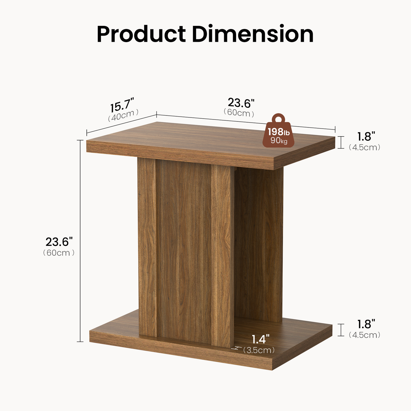 Side Table, 23.6" Modern End Table with Fluted Panel and Thick Tabletop, Accent Nightstand in Walnut