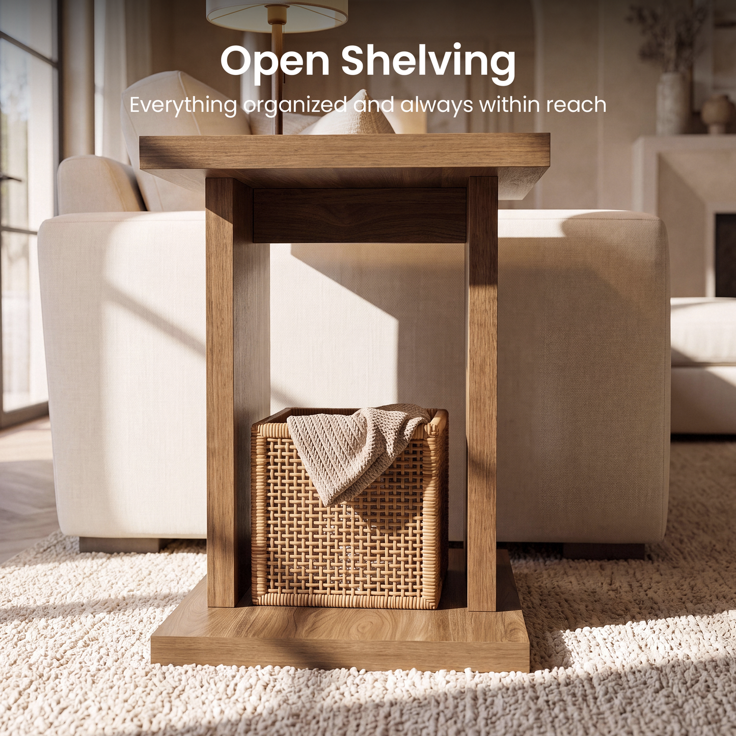 Side Table, 23.6" Modern End Table with Fluted Panel and Thick Tabletop, Accent Nightstand in Walnut
