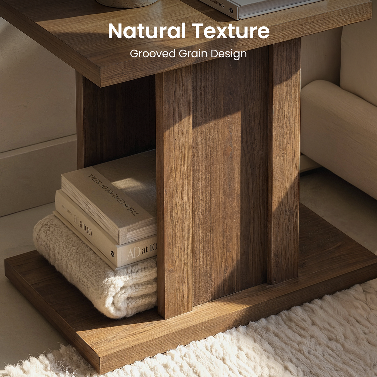 Side Table, 23.6" Modern End Table with Fluted Panel and Thick Tabletop, Accent Nightstand in Walnut