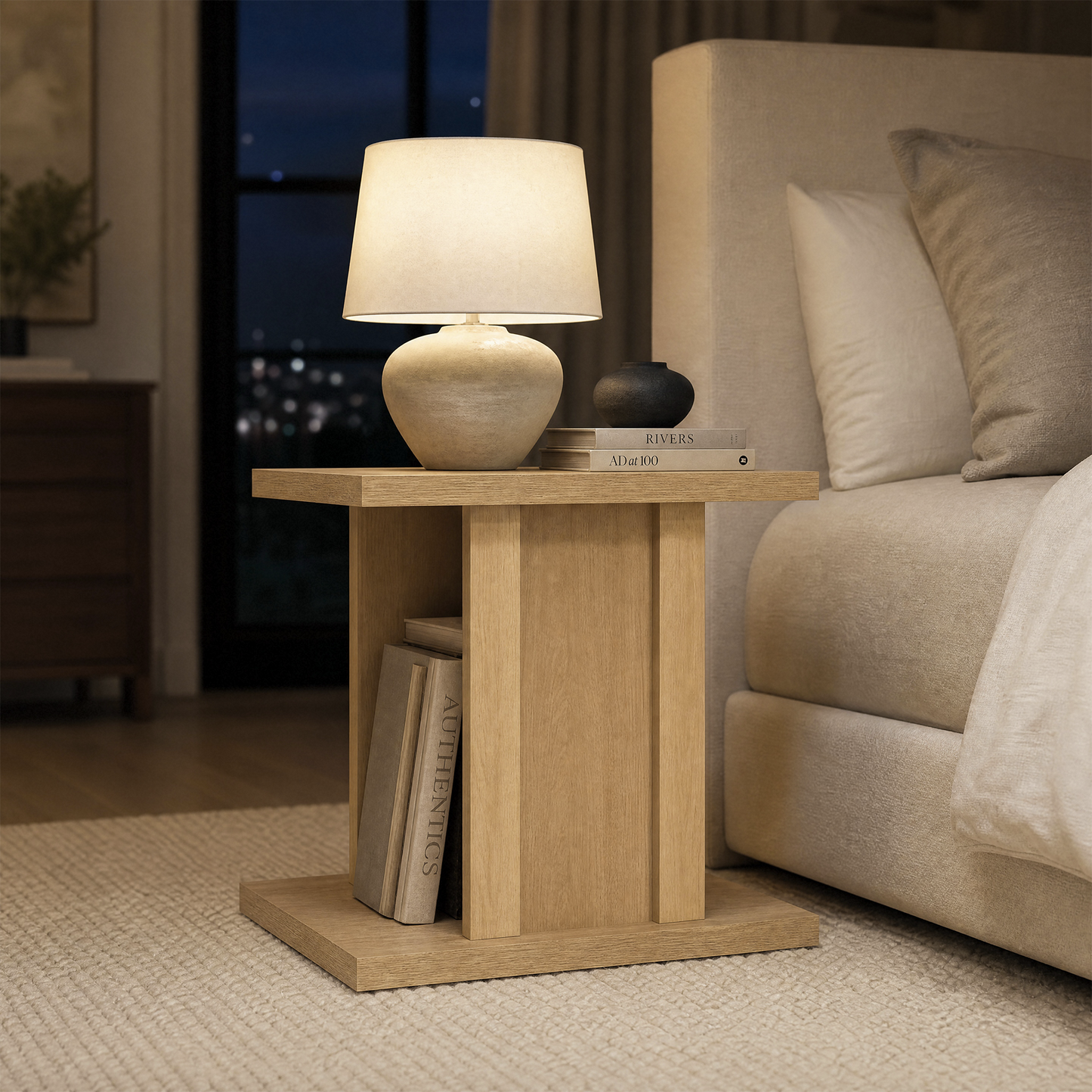 Side Table, 23.6" Modern End Table with Fluted Panel and Thick Tabletop, Accent Nightstand in Natural