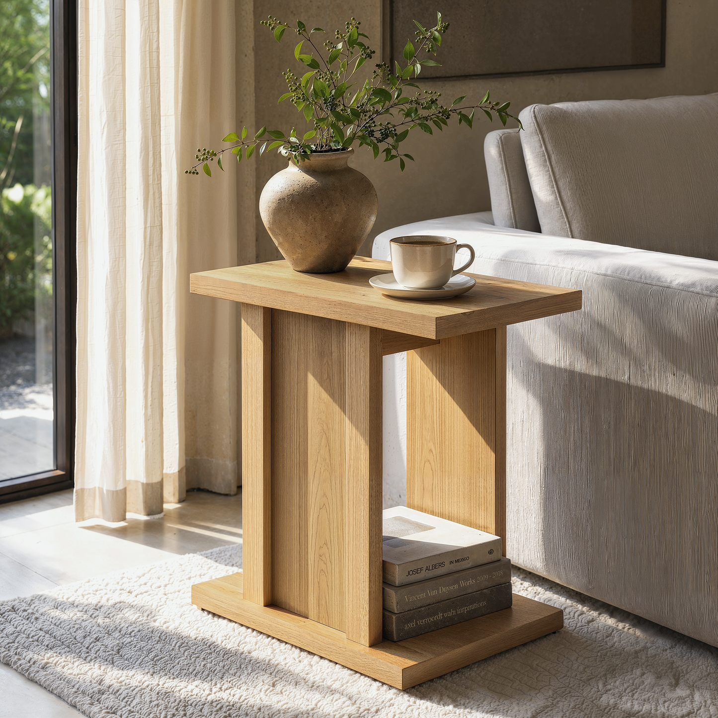Side Table, 23.6" Modern End Table with Fluted Panel and Thick Tabletop, Accent Nightstand in Natural