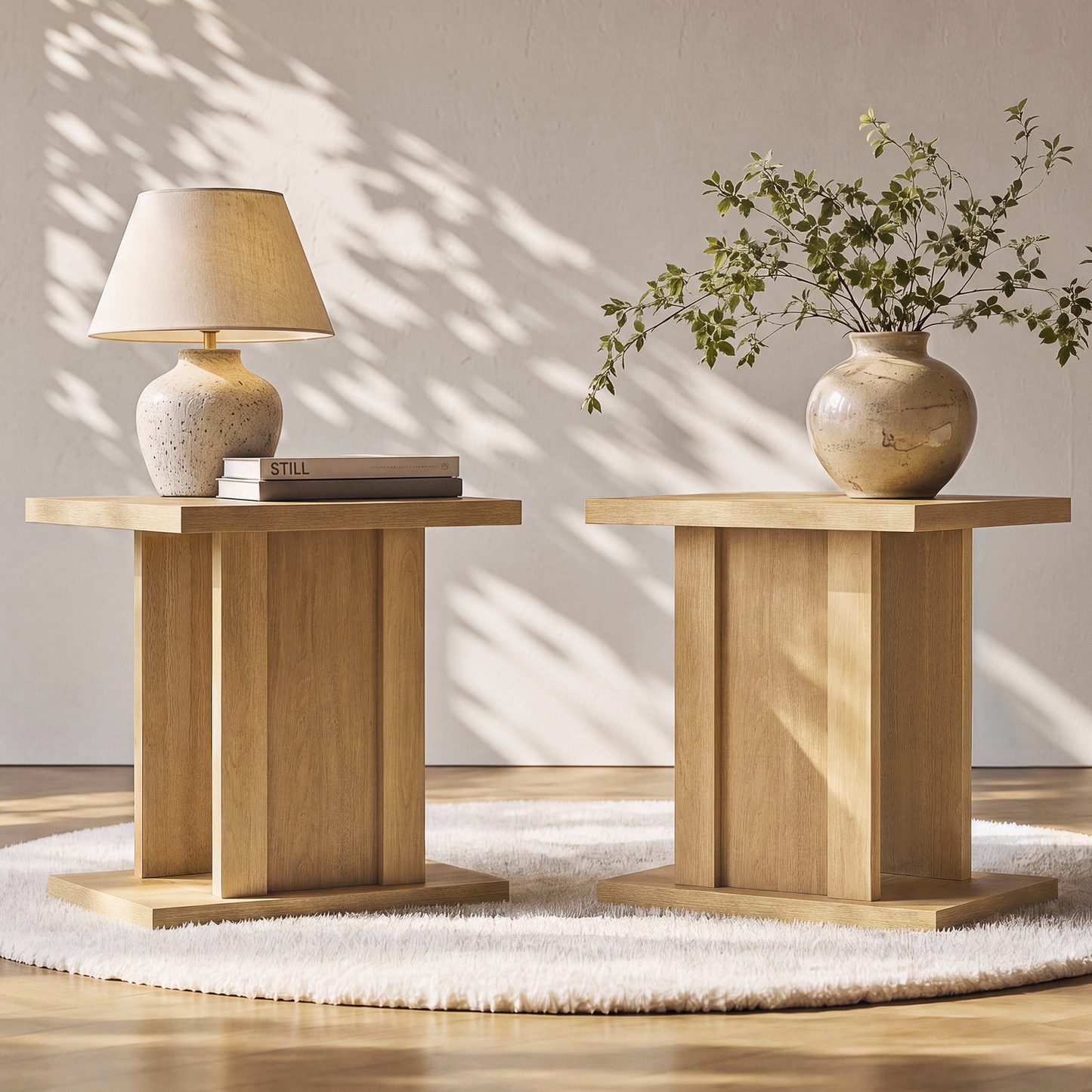 Side Table, 23.6" Modern End Table with Fluted Panel and Thick Tabletop, Accent Nightstand in Natural