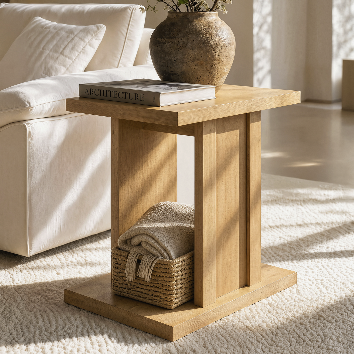 Side Table, 23.6" Modern End Table with Fluted Panel and Thick Tabletop, Accent Nightstand in Natural