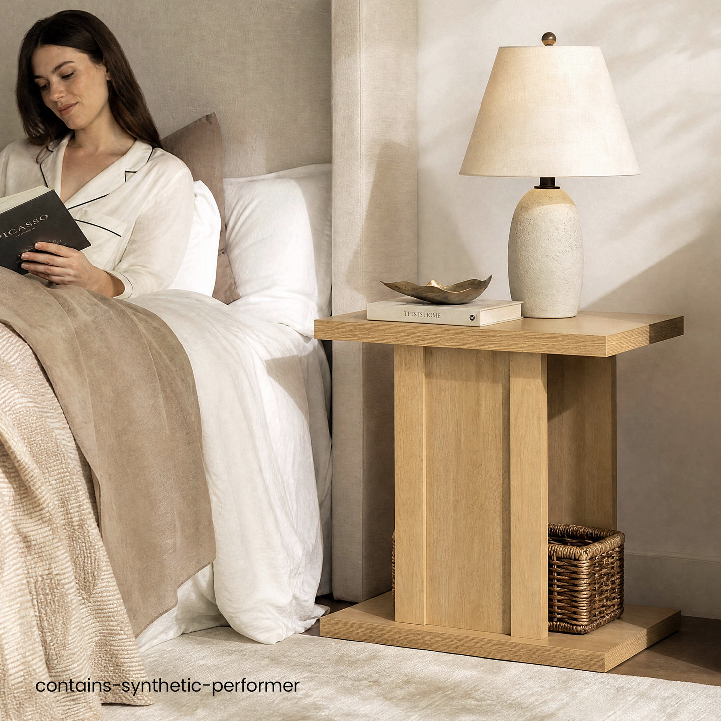 Side Table, 23.6" Modern End Table with Fluted Panel and Thick Tabletop, Accent Nightstand in Natural