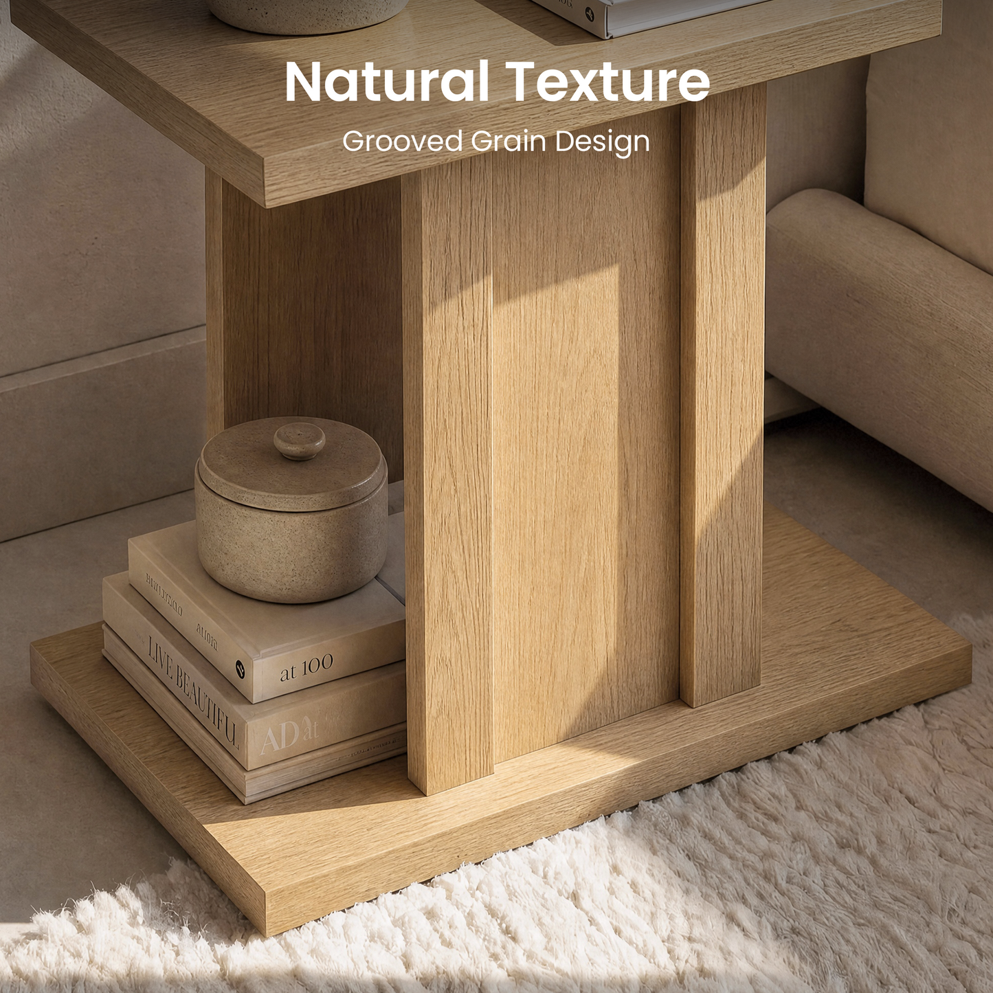 Side Table, 23.6" Modern End Table with Fluted Panel and Thick Tabletop, Accent Nightstand in Natural