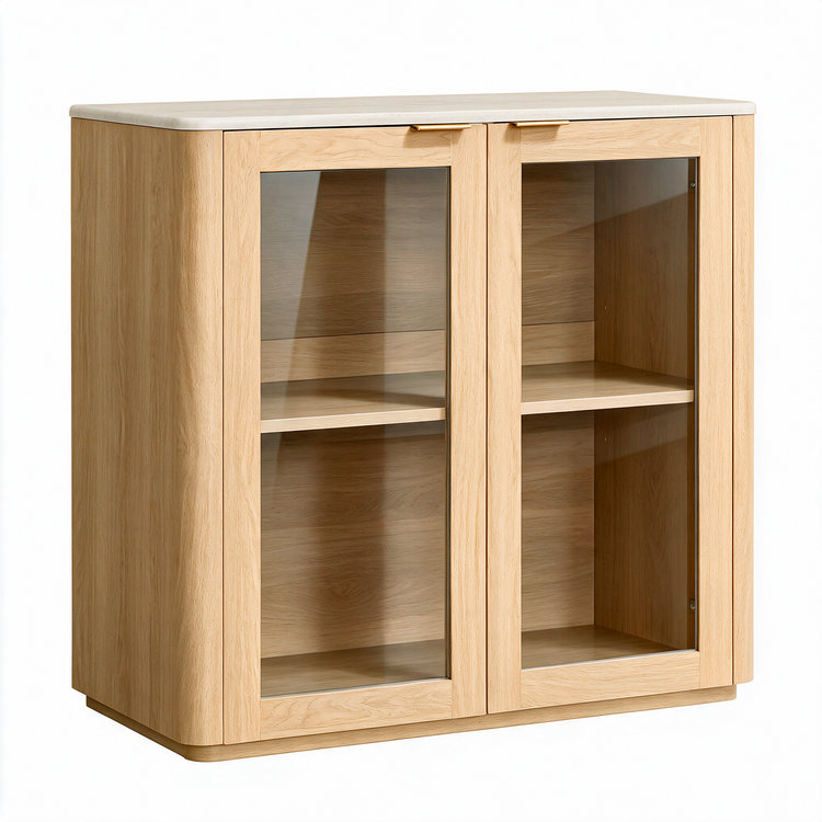 Light wood cabinet with two glass-front doors, gold-colored handles, and an empty shelf behind each door.