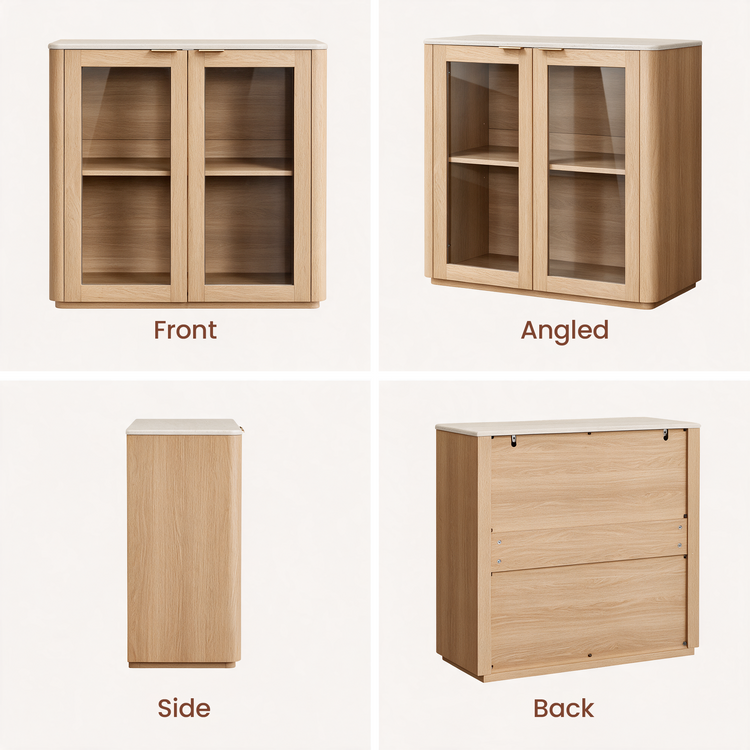 Four views of a light-colored wooden cabinet: front and angled views show two glass doors and shelves, with side and back views below.