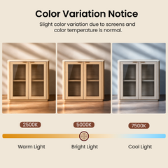 Diagram comparing a two-door cabinet under warm, bright and cool light, with its appearance shifting from golden tan to pale gray and a notice about screen and color temperature variation.