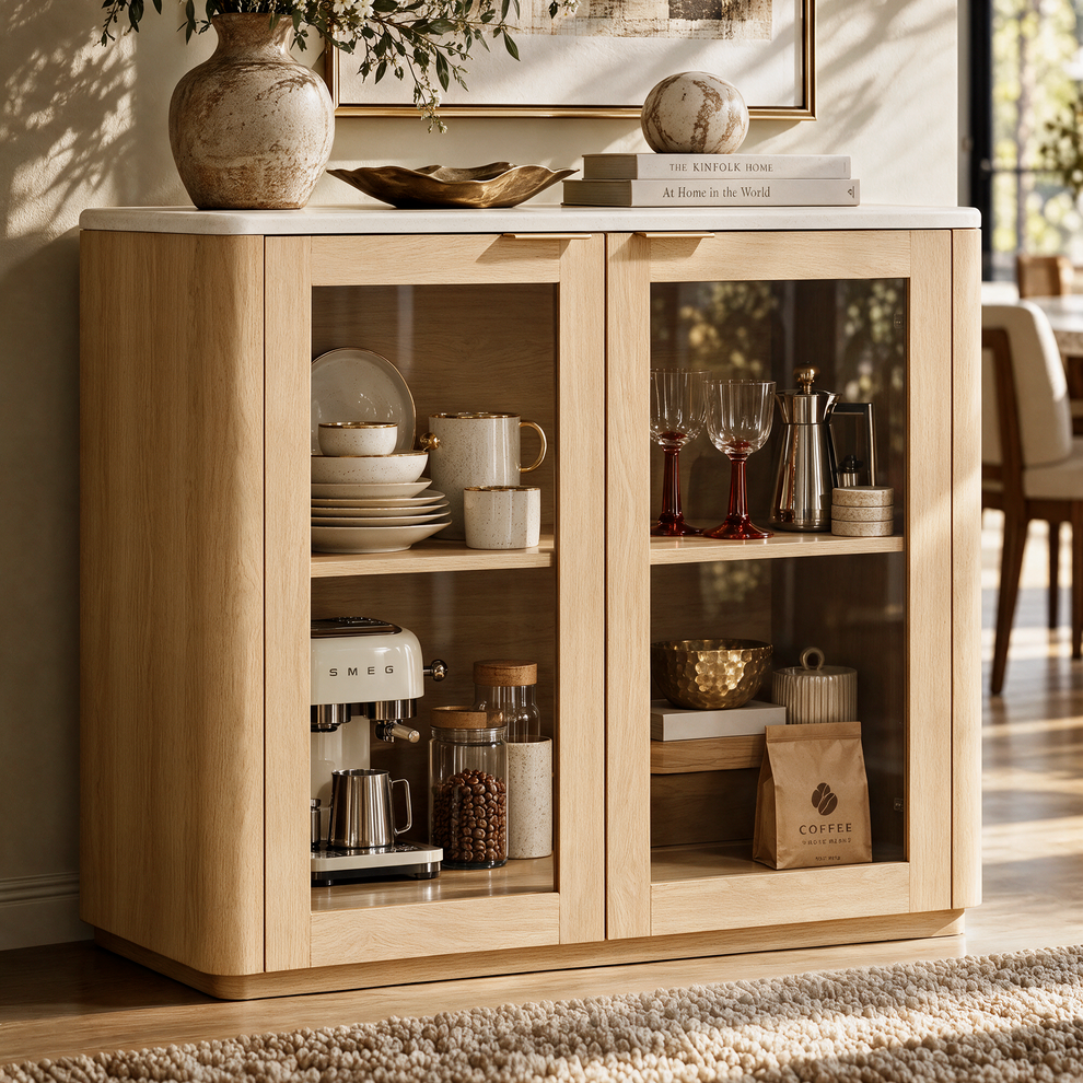 Light wood-toned cabinet with two glass-front doors displaying dishes, stemmed glasses and coffee supplies, topped with a vase of leafy branches, a shallow bowl and stacked books.