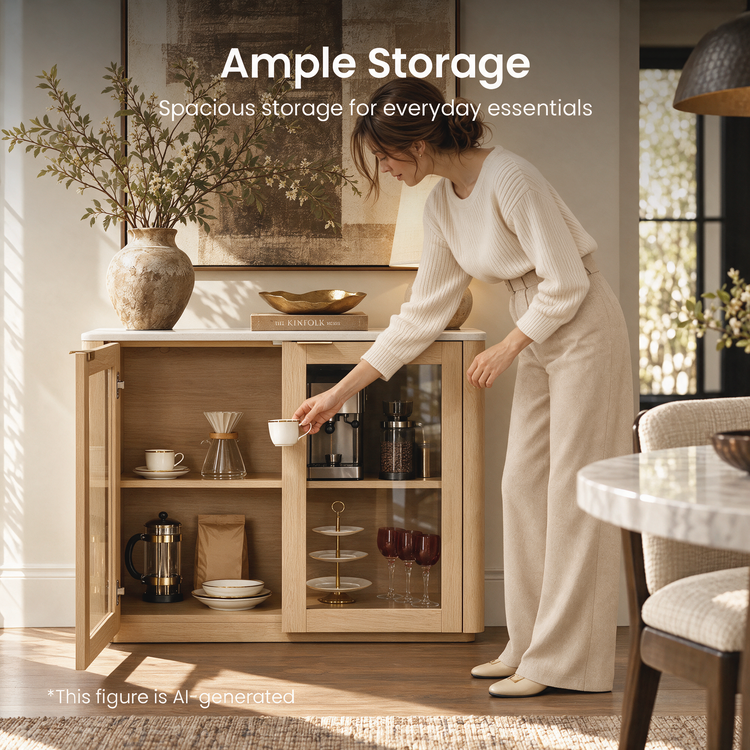 A woman reaches for a cup beside an open wooden cabinet stocked with coffee equipment, dishes, and glassware.