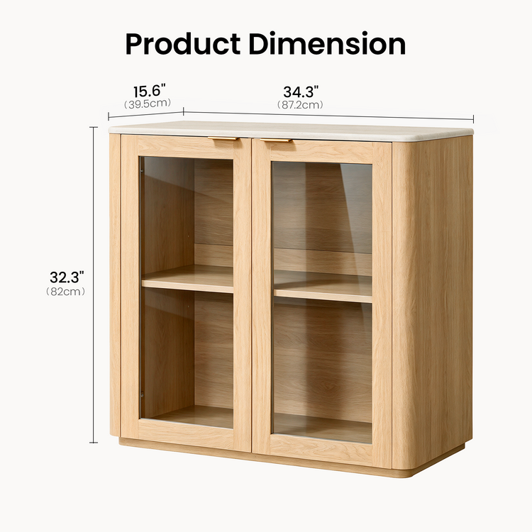 Dimension diagram of a light wood-grain cabinet with two clear-panel doors and interior shelving, labeled 34.3 inches wide, 15.6 inches deep and 32.3 inches high.