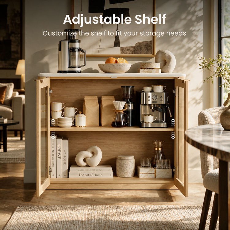 Aparador Elaren con 2 puertas de cristal, estante ajustable, beige