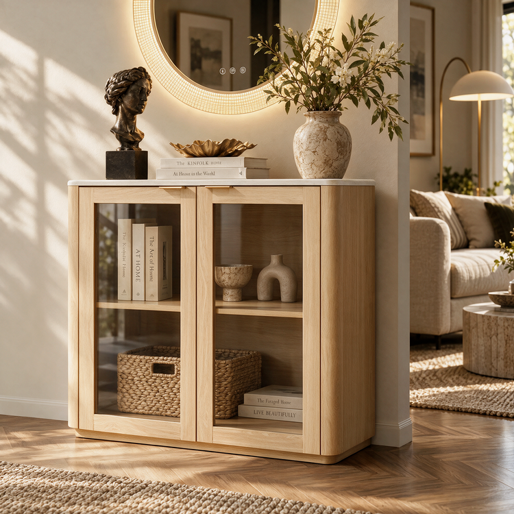 Light-toned cabinet with two glass-front doors holds books, baskets and ornaments, with a bust, stacked books and a vase of leafy white flowers on top beneath a glowing round mirror.