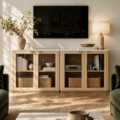 A living room media console with a television above, a vase and lamp on top, and books, baskets, audio equipment, and a game console inside.