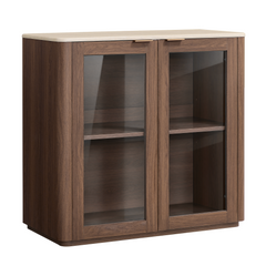 A dark brown cabinet with two glass-front doors, interior shelves, small metal handles, and a pale top.