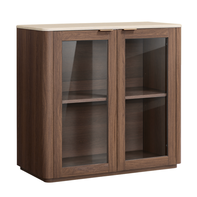 A dark brown cabinet with two glass-front doors, interior shelves, small metal handles, and a pale top.