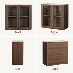 Front, angled, side and back views of a brown wood-grain cabinet with two transparent-panel doors, an interior shelf, small gold-colored handles and a light beige top.