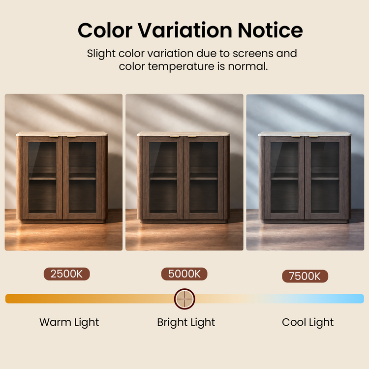 Diagram comparing a two-door cabinet under warm, bright and cool light, showing its appearance shifting from golden brown to gray-brown, with a notice about screen and color temperature variations.
