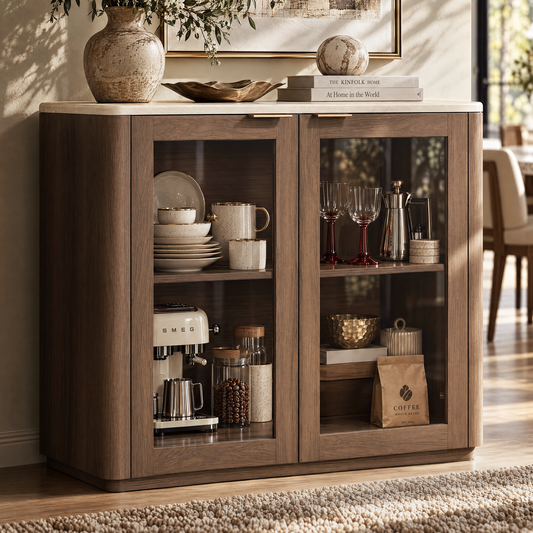 A dark wood cabinet with glass-front doors displays dishes, glassware, a coffee machine and jars; a vase, bowl and books sit on its pale top.