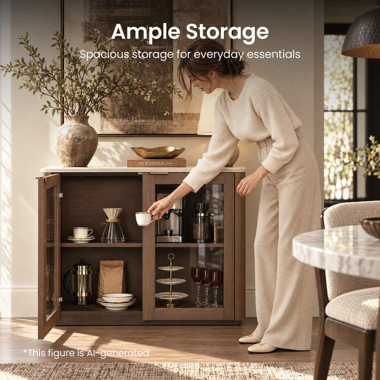 A woman places a cup into an open wooden cabinet filled with cups, coffee equipment, plates, and glasses; a vase and bowl sit on top.