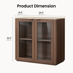 A brown cabinet with two glass-front doors and a light-colored top, labeled 34.3 inches wide, 15.6 inches deep, and 32.3 inches high.