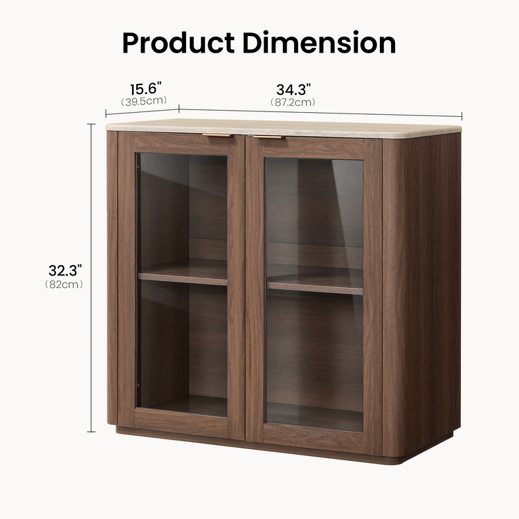 A brown cabinet with two glass-front doors and a light-colored top, labeled 34.3 inches wide, 15.6 inches deep, and 32.3 inches high.