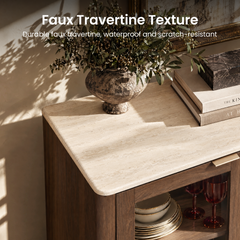 Cream, finely streaked countertop with rounded corners on a brown cabinet, topped with a leafy vase, stacked books and a dark veined box, with dishes and red stemmed glasses visible below.