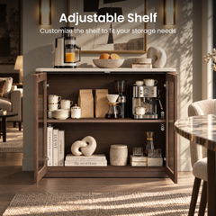 Dark wood cabinet with two open shelves displaying coffee equipment, cups, books, and decor; white chevrons indicate adjustable shelf positions.
