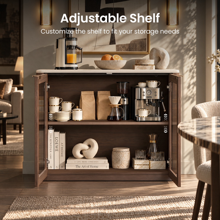 Dark wood cabinet with two open shelves displaying coffee equipment, cups, books, and decor; white chevrons indicate adjustable shelf positions.