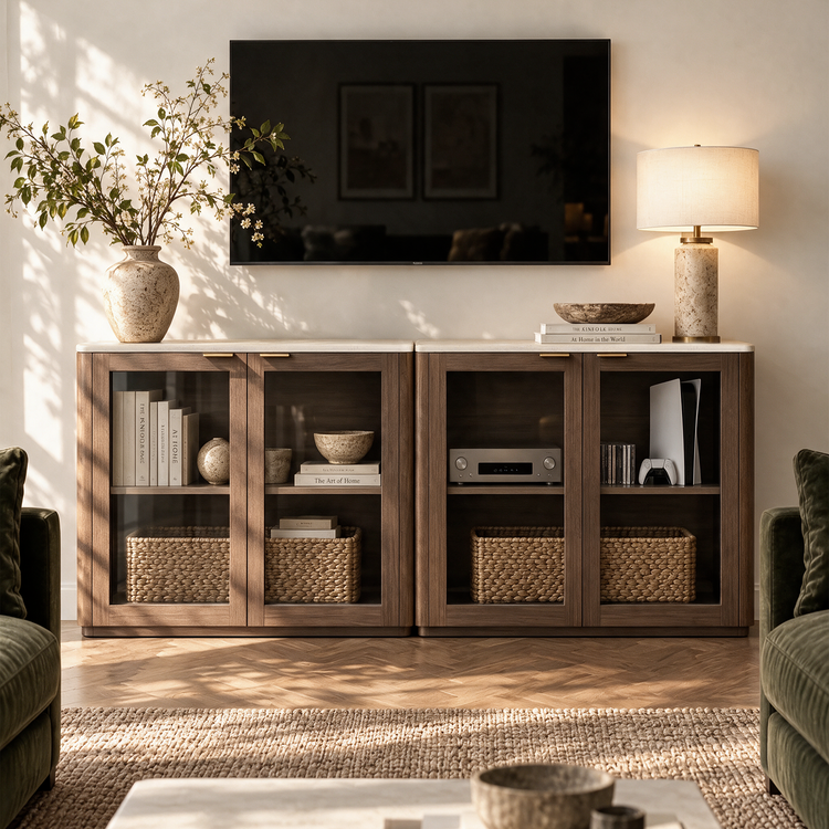 Two brown glass-front cabinets beneath a wall-mounted television hold books, bowls, baskets and electronics, with a vase of leafy branches and a lit table lamp on top.
