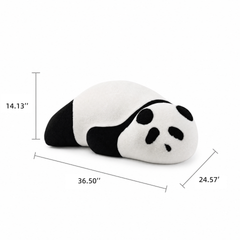 Black-and-white panda-shaped floor cushion shown with three dimension lines on white
