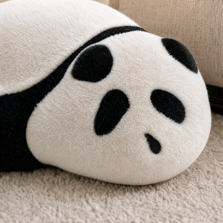 Close-up of a soft white plush object with black panda-like facial markings on a textured rug