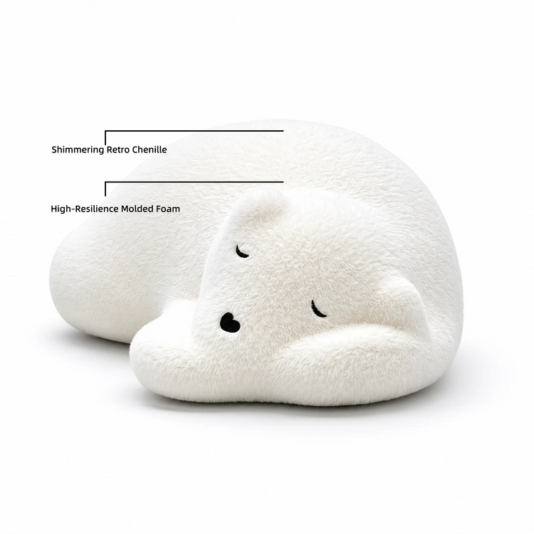 Sleeping Bear Plush Ottoman - White Polar Bear Floor Lounger, 34.4" Long