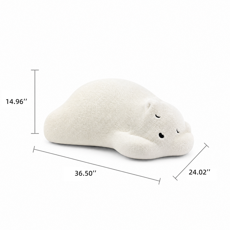White seal-shaped plush cushion on a plain background with measurement arrows