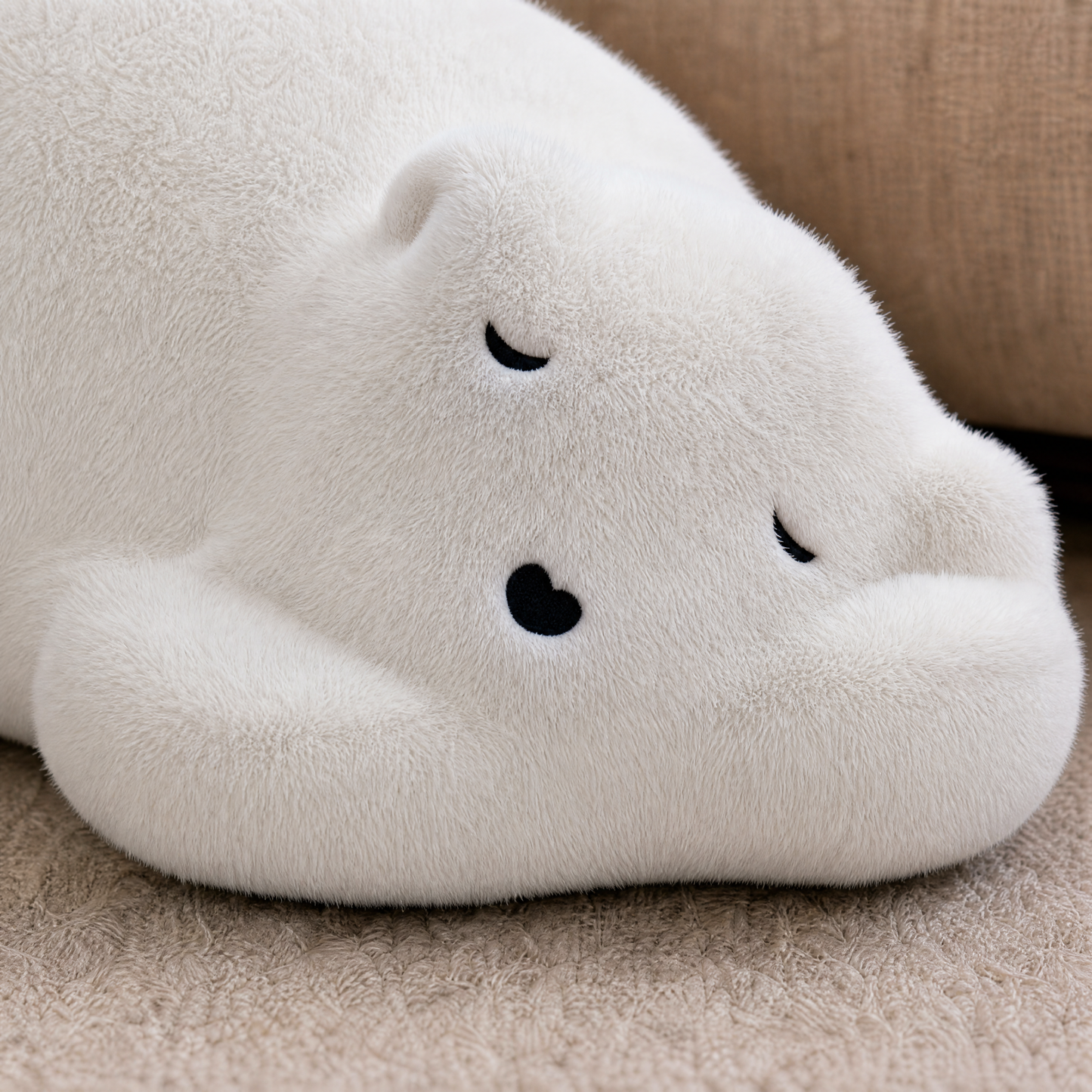 Sleeping Bear Plush Ottoman - White Polar Bear Floor Lounger, 34.4" Long